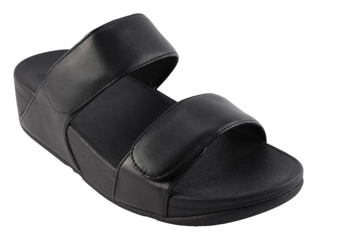 Dames  Slippers Fitflop Lullu Slides.All Black. Direct leverbaar uit de webshop van Reese Schoenmode.